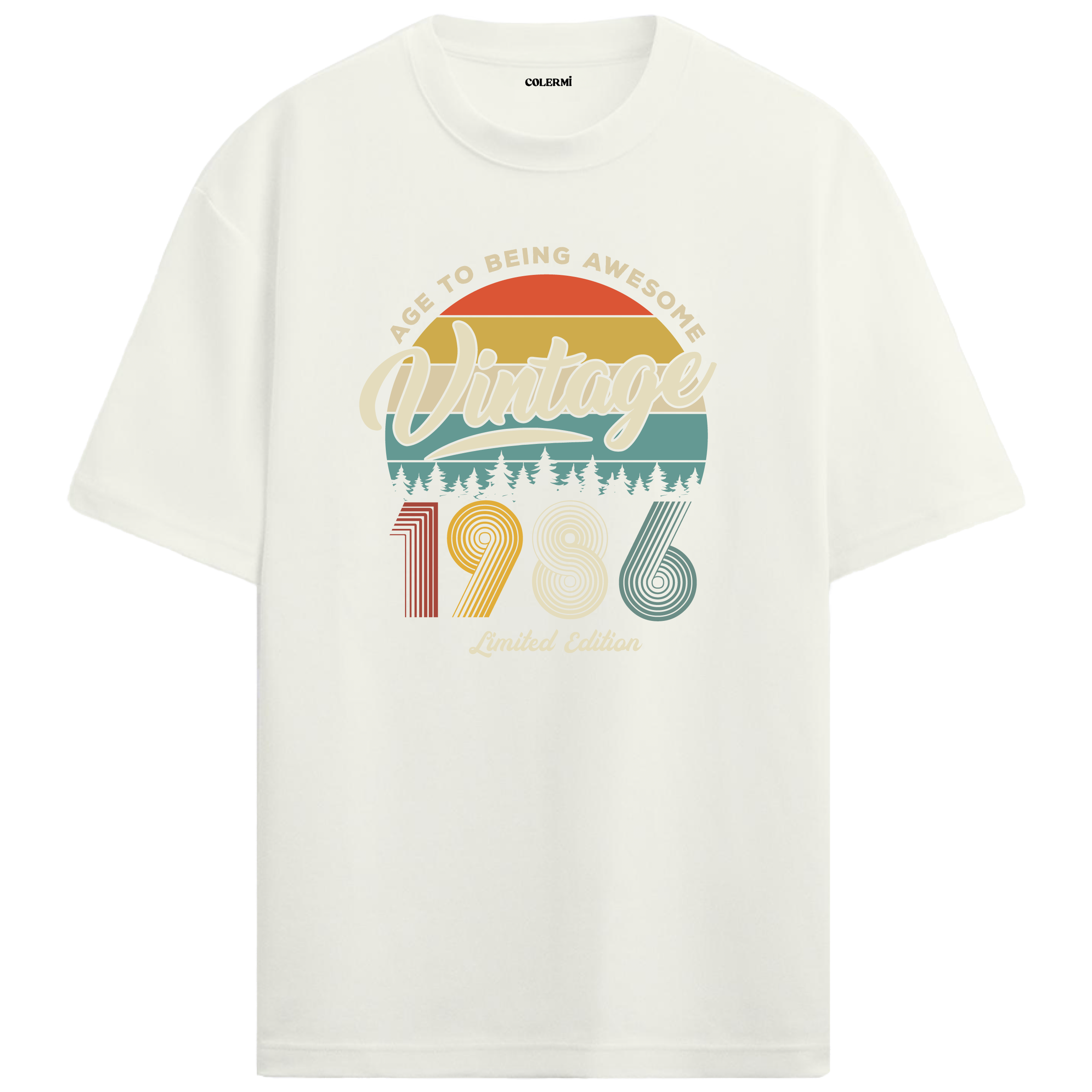1986 Nostalgia Oversized T-Shirt - Retro Sunset Pine Tree Design