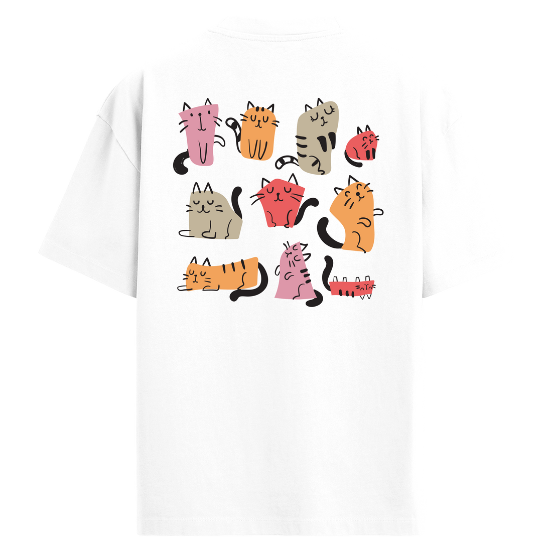 Renkli Çizimli Sevimli Kedi Desenli Sırt Baskılı Oversize T-Shirt