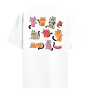 Renkli Çizimli Sevimli Kedi Desenli Sırt Baskılı Oversize T-Shirt