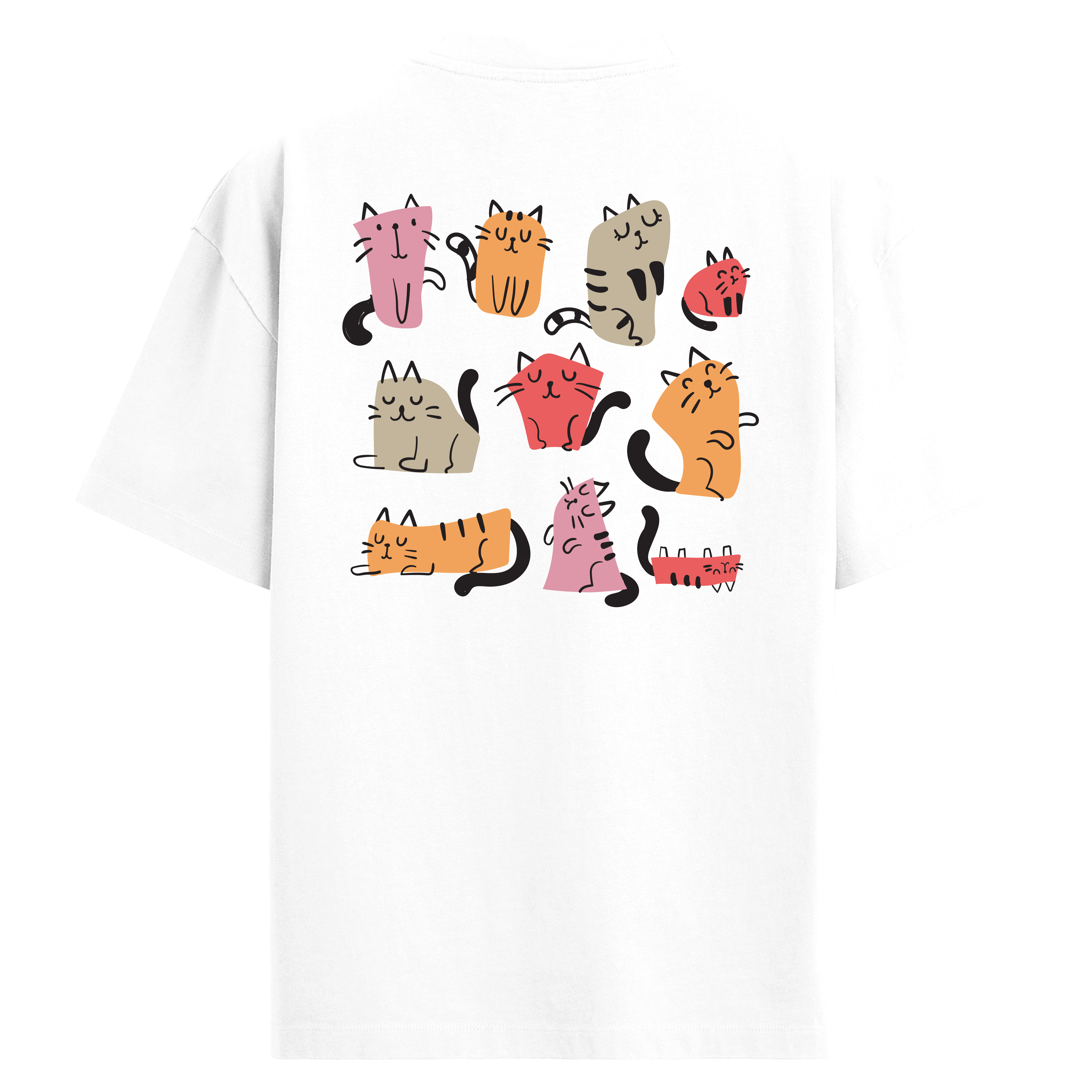 Renkli Çizimli Sevimli Kedi Desenli Sırt Baskılı Oversize T-Shirt
