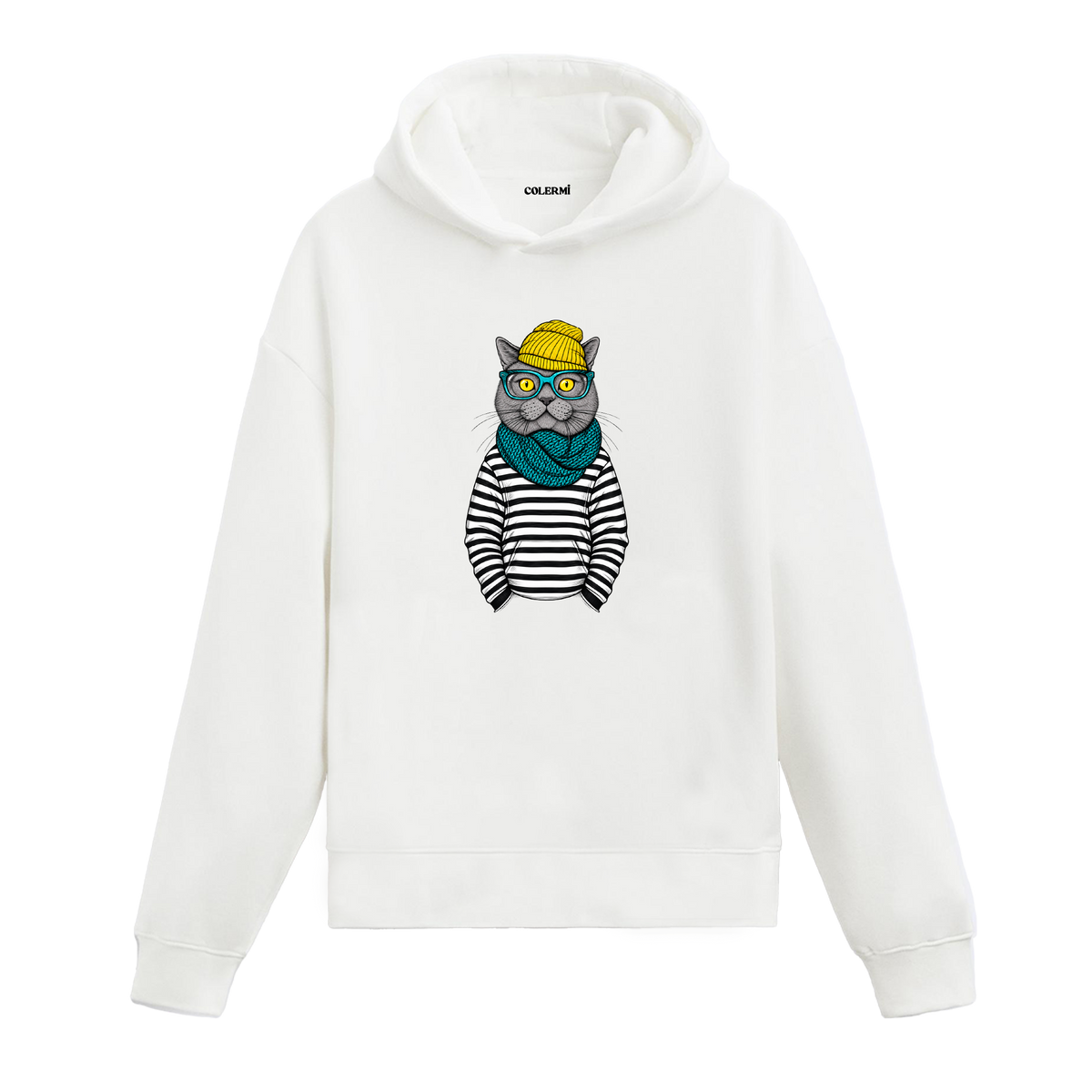 Sarı Bereli Hipster Kedi Tasarım Hoodie