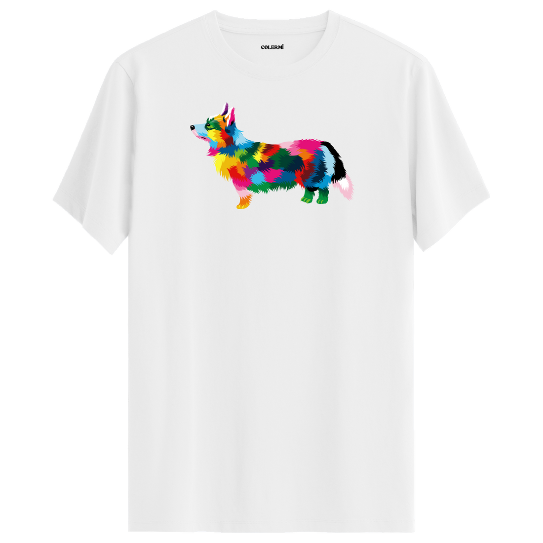 Renkli Corgi Baskılı Ünisex Tişört