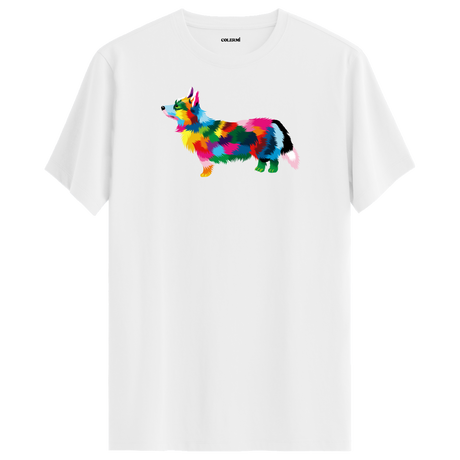 Renkli Corgi Baskılı Ünisex Tişört