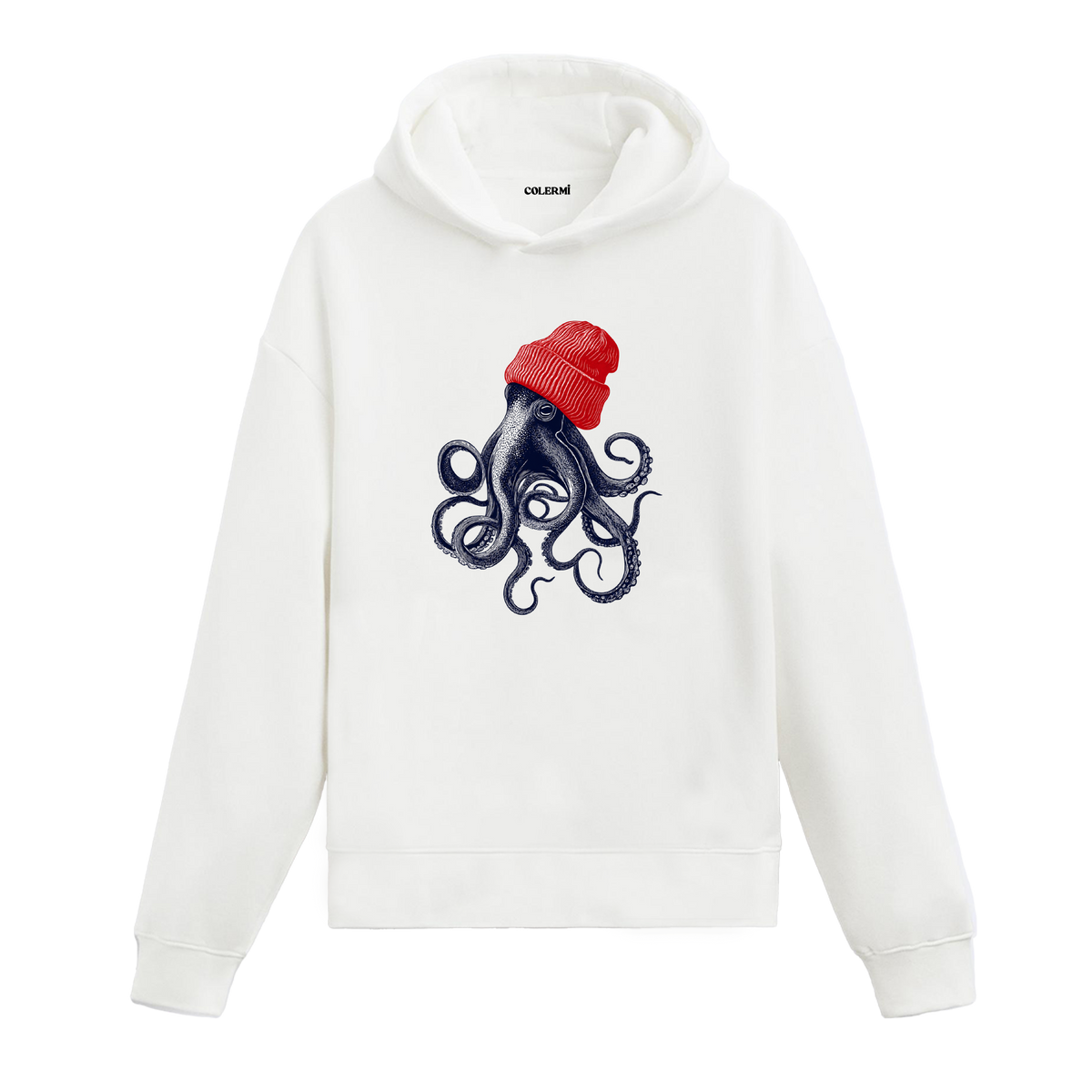 Kırmızı Bereli Ahtapot Tasarım Hoodie