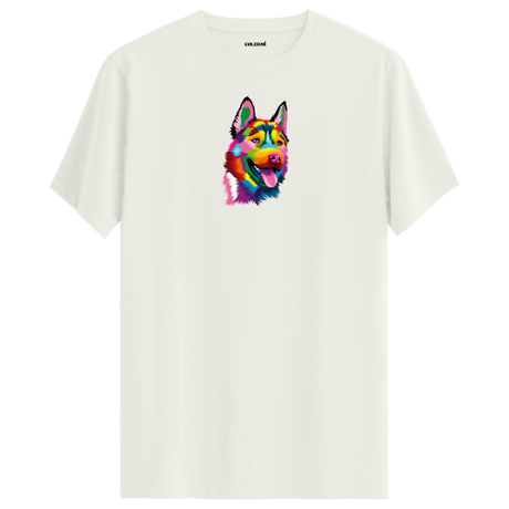 Köpek Baskılı T-Shirt - Renkli Husky Tasarımı