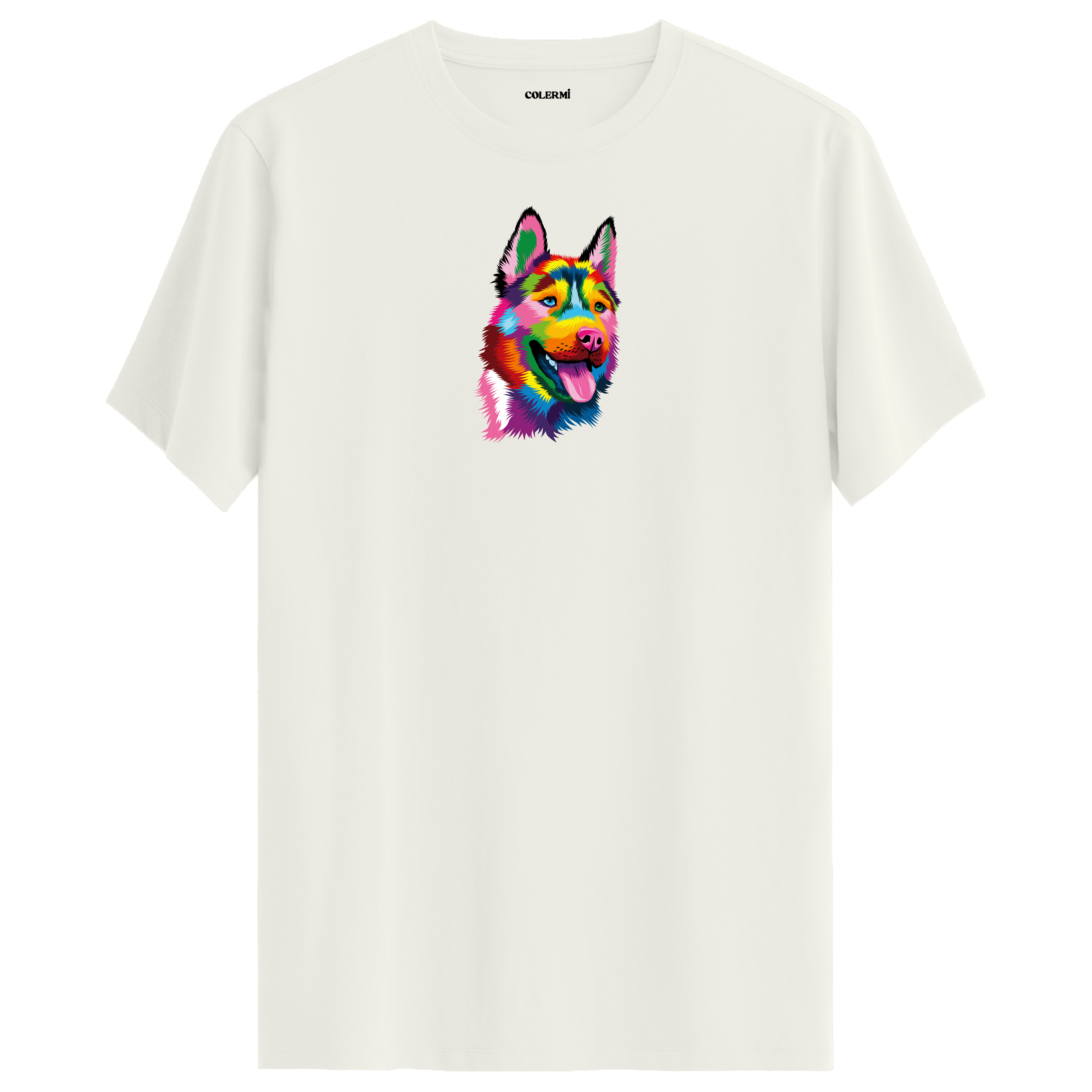 Köpek Baskılı T-Shirt - Renkli Husky Tasarımı