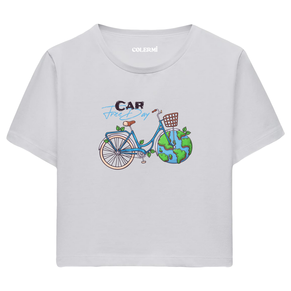 Car Free Day Bisiklet Temalı Grafik Crop T-Shirt