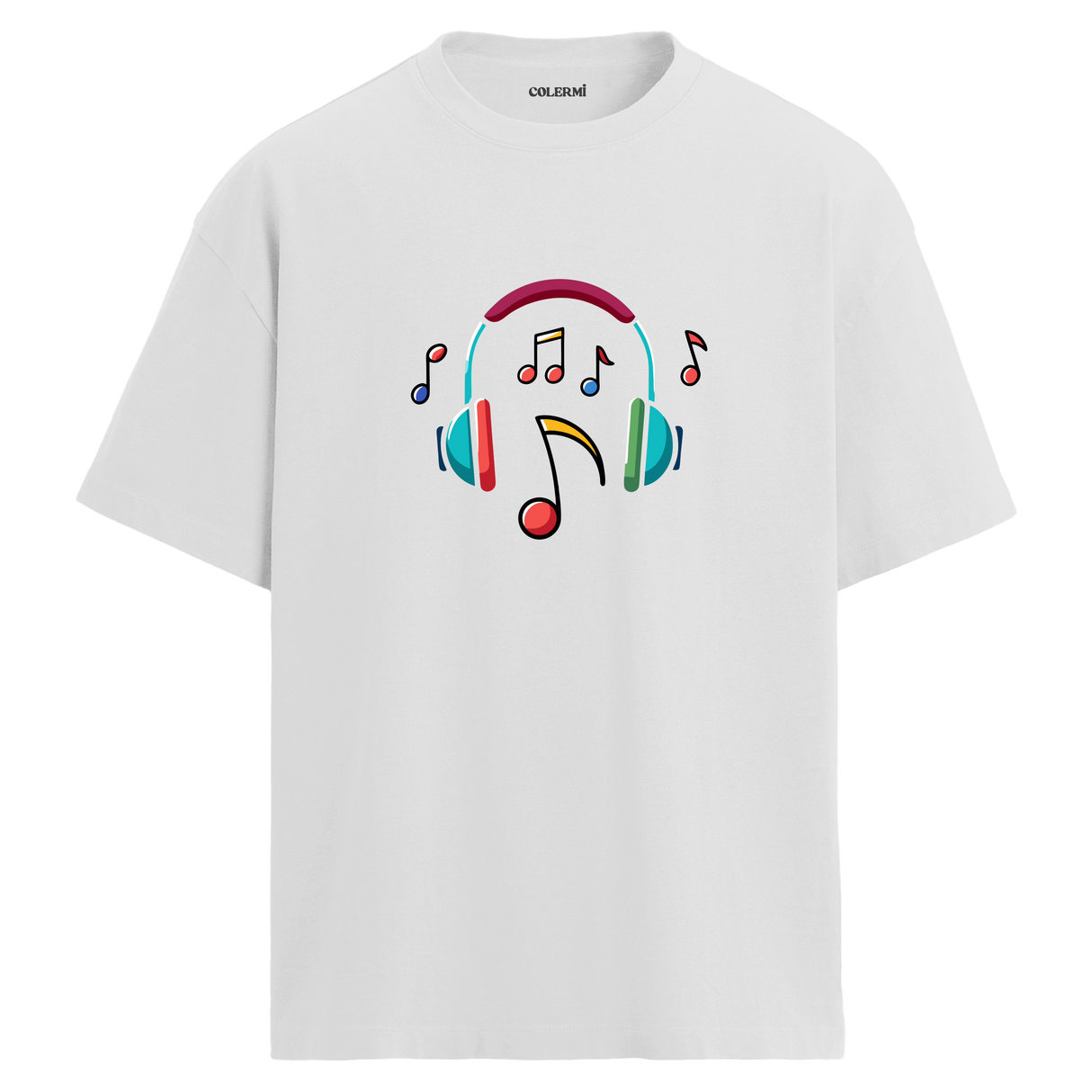 Renkli Nota Kulaklık Baskılı T-Shirt – %100 Pamuk