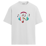 Renkli Nota Kulaklık Baskılı T-Shirt – %100 Pamuk