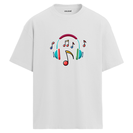 Renkli Nota Kulaklık Baskılı T-Shirt – %100 Pamuk