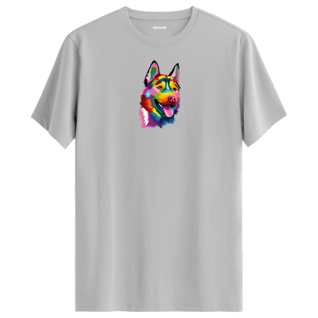 Köpek Baskılı T-Shirt - Renkli Husky Tasarımı