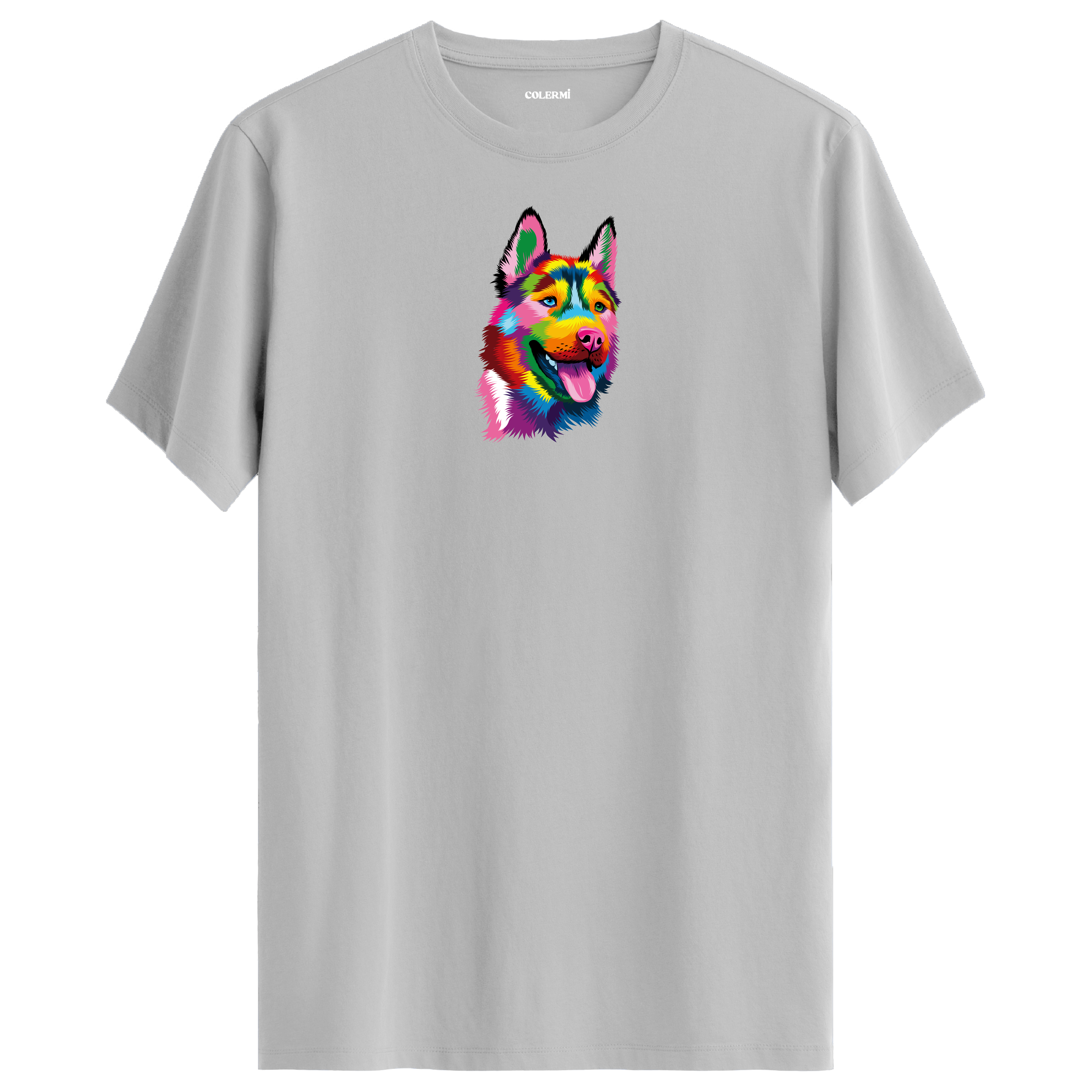 Köpek Baskılı T-Shirt - Renkli Husky Tasarımı