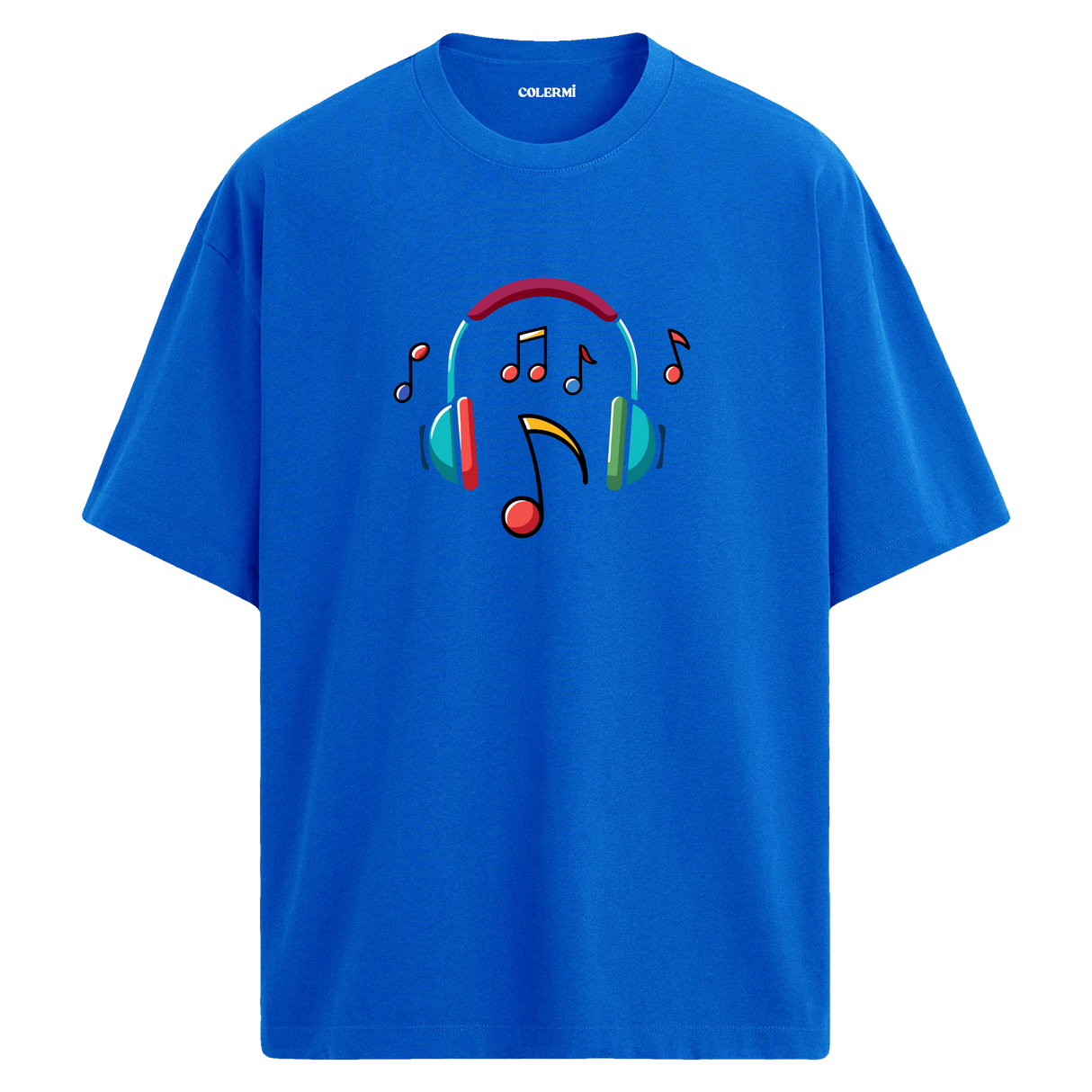 Renkli Nota Kulaklık Baskılı T-Shirt – %100 Pamuk