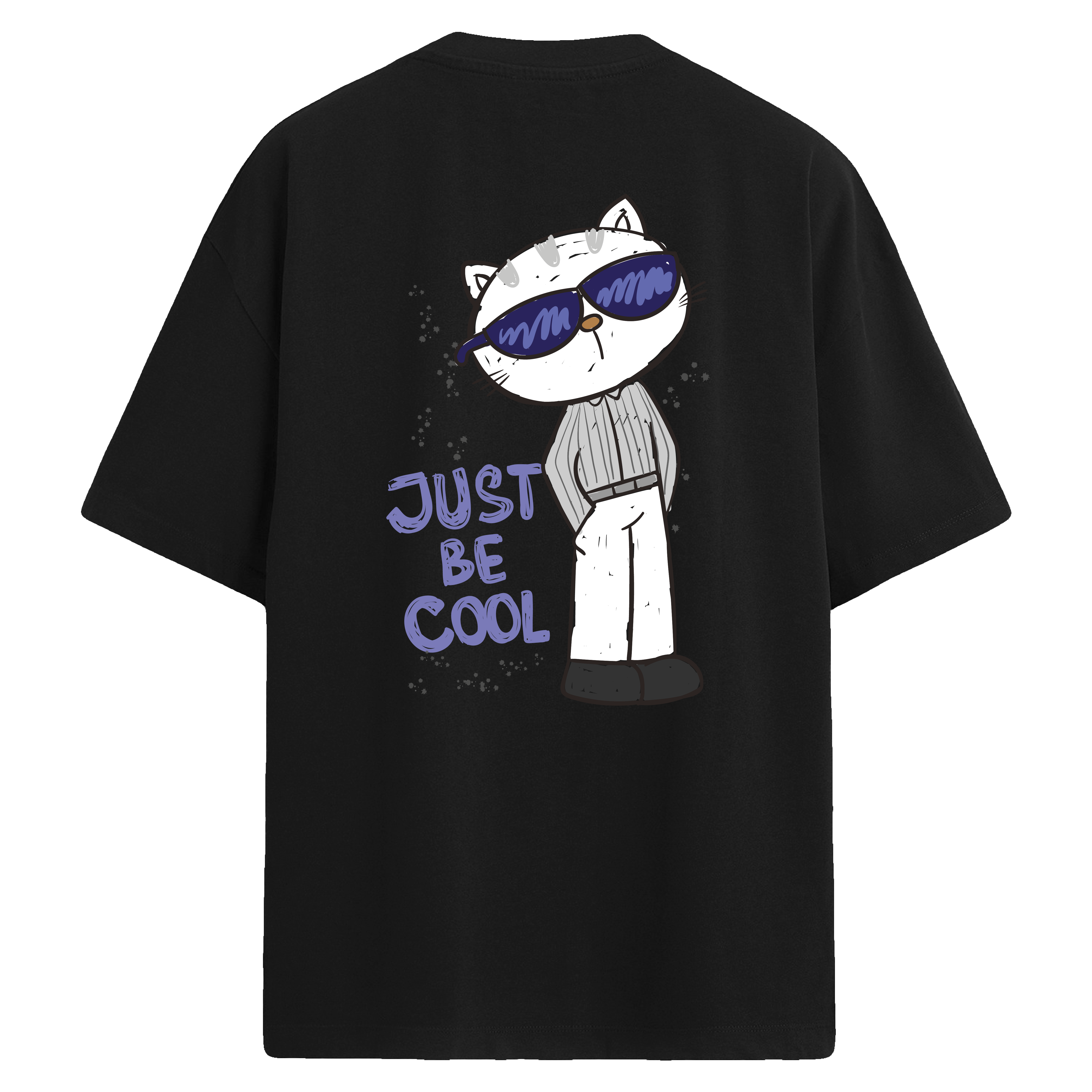 Gözlüklü Kedi Sırt Baskılı Oversize T-Shirt