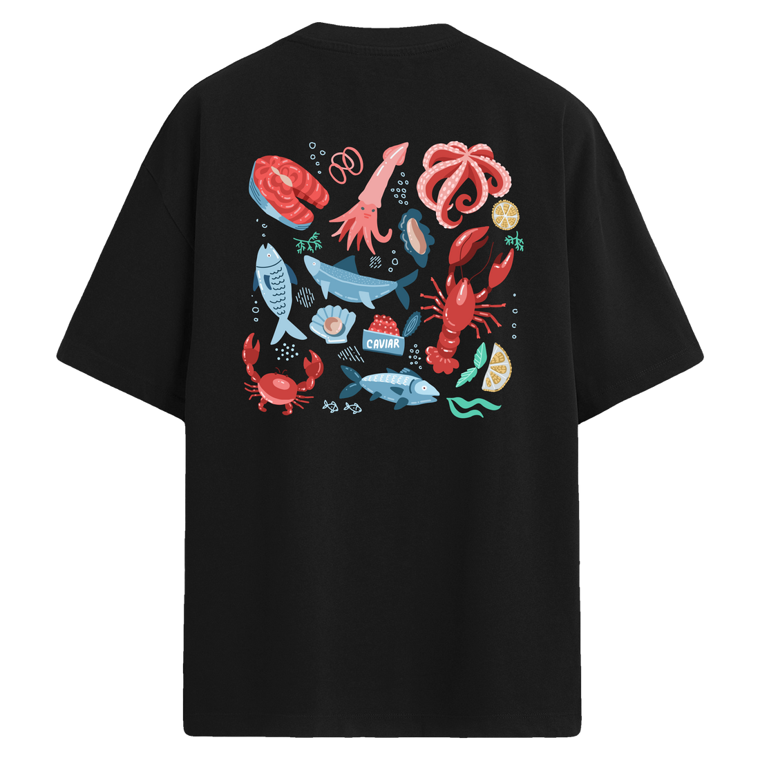 Deniz Ürünleri Temalı Sırt Baskılı Oversize T-Shirt