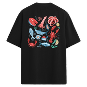 Deniz Ürünleri Temalı Sırt Baskılı Oversize T-Shirt