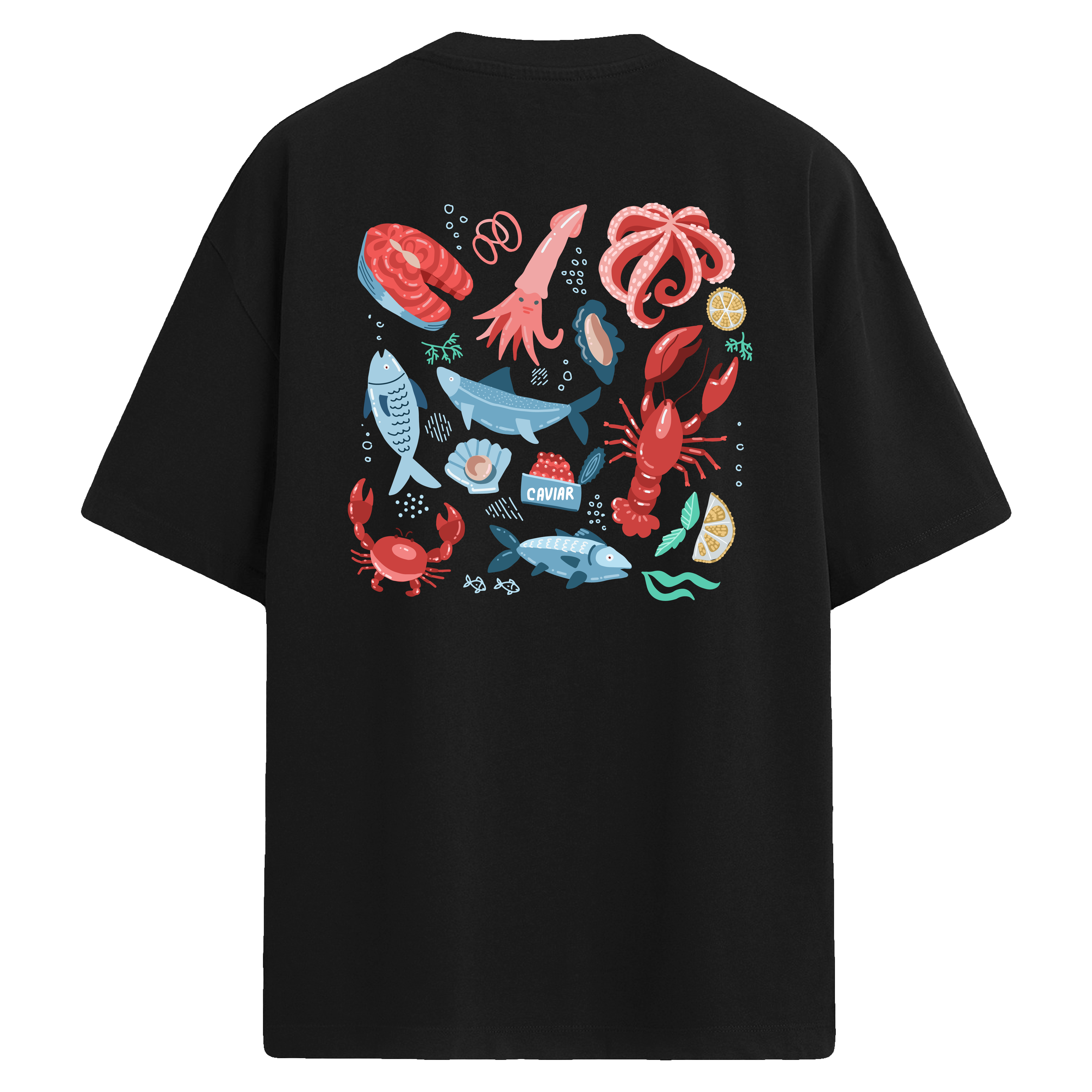 Deniz Ürünleri Temalı Sırt Baskılı Oversize T-Shirt