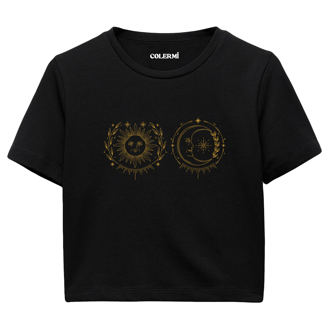Güneş ve Ay İllüstrasyonlu Crop T-Shirt
