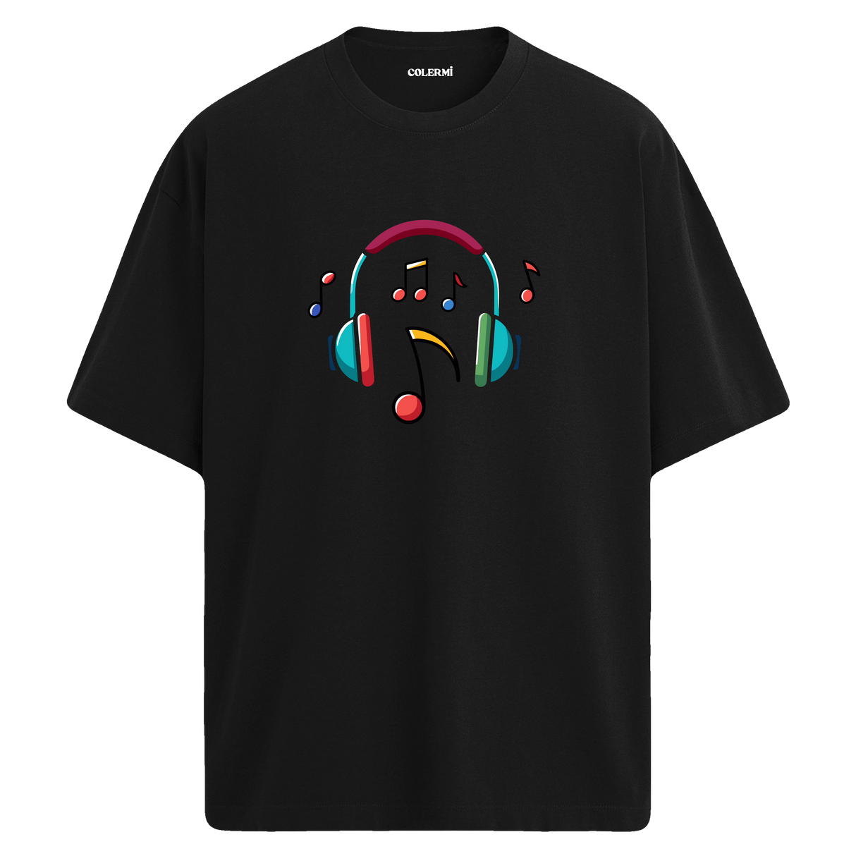 Renkli Nota Kulaklık Baskılı T-Shirt – %100 Pamuk