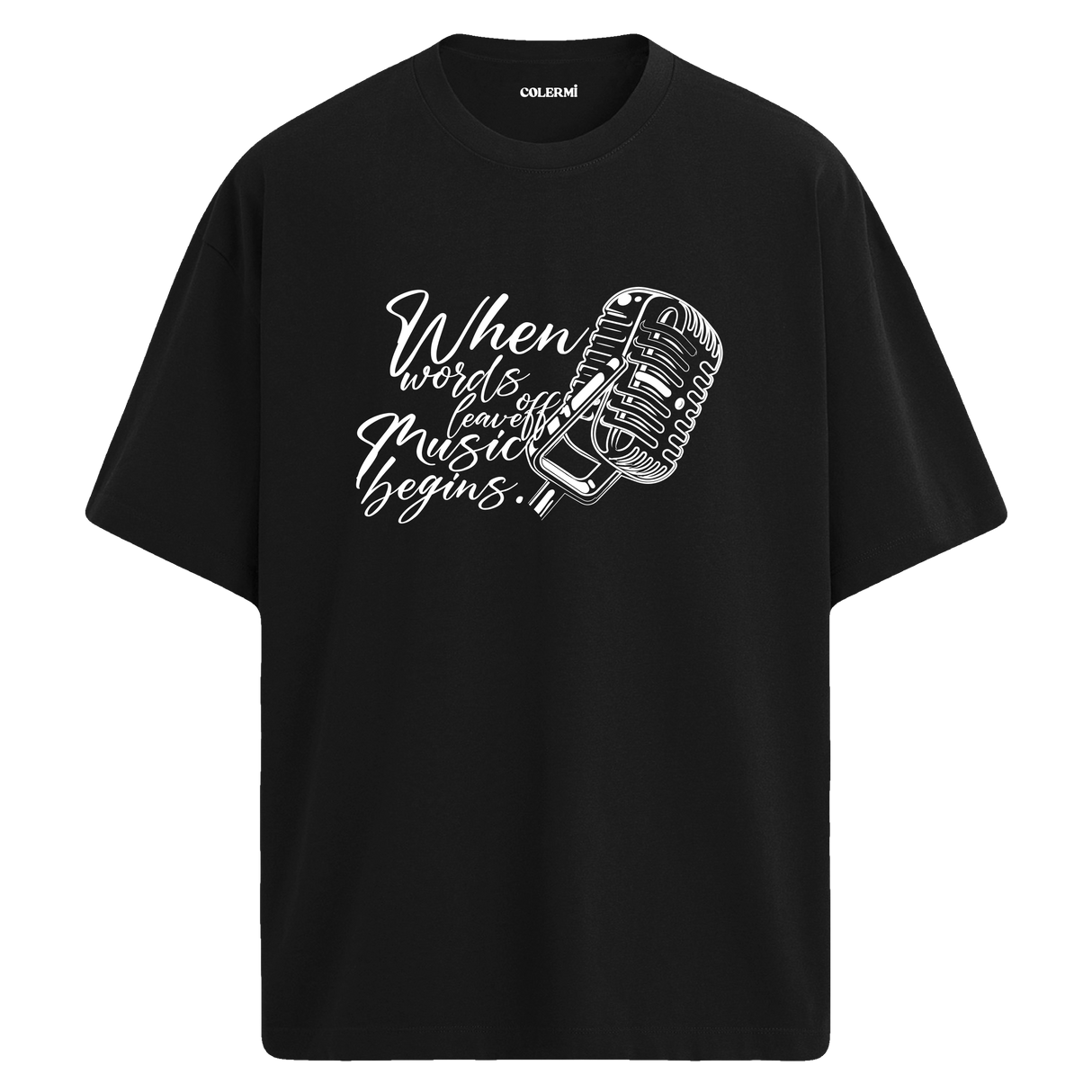 Music Begins Mikrofon Yazılı Tişört – %100 Pamuk – T-Shirt