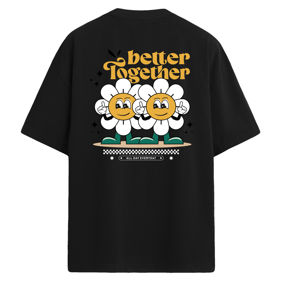 Gülümseyen Çiçekli Sırt Baskılı Oversize T-Shirt