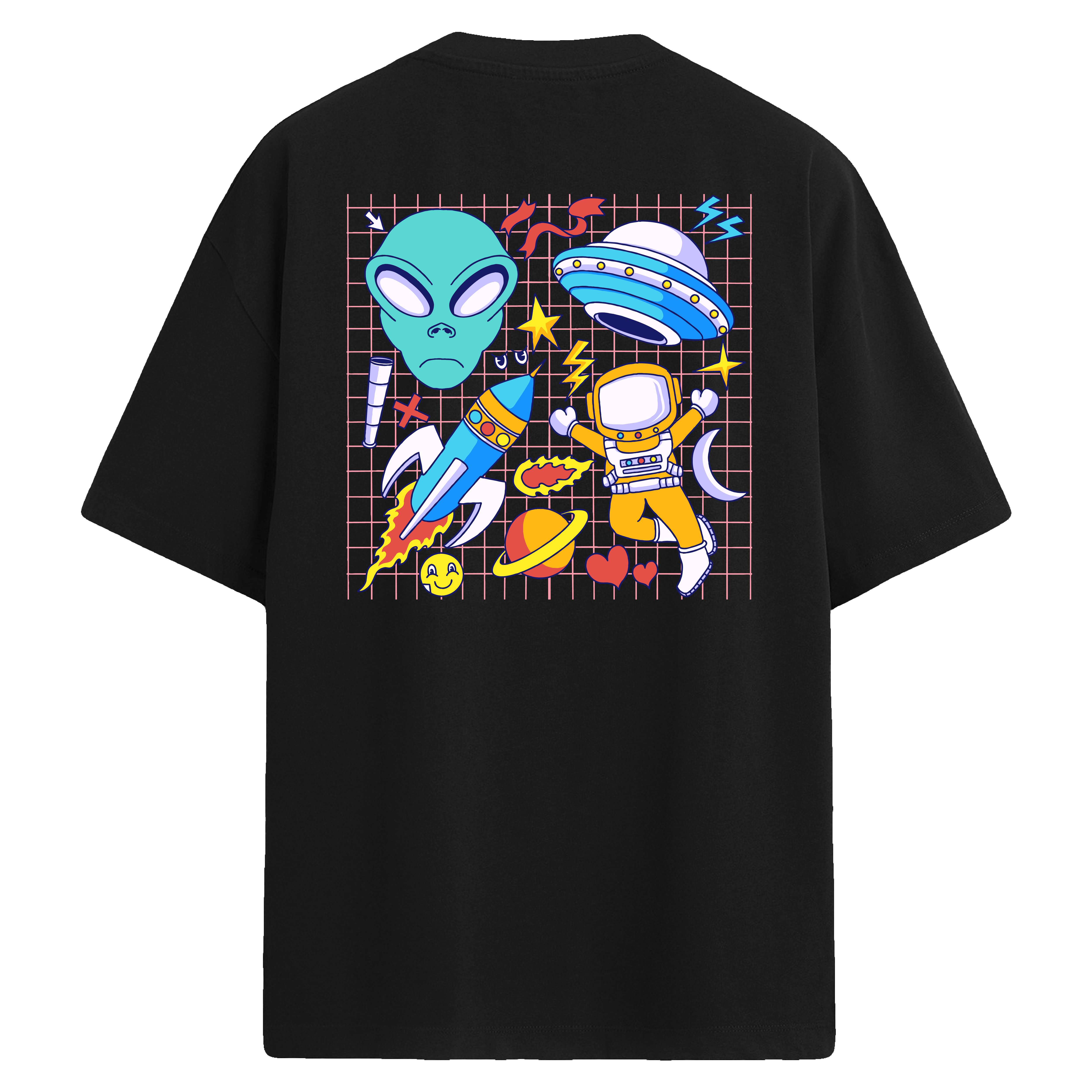 Space Doodles Sırt Baskılı Oversize T-Shirt