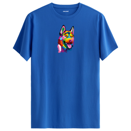 Köpek Baskılı T-Shirt - Renkli Husky Tasarımı