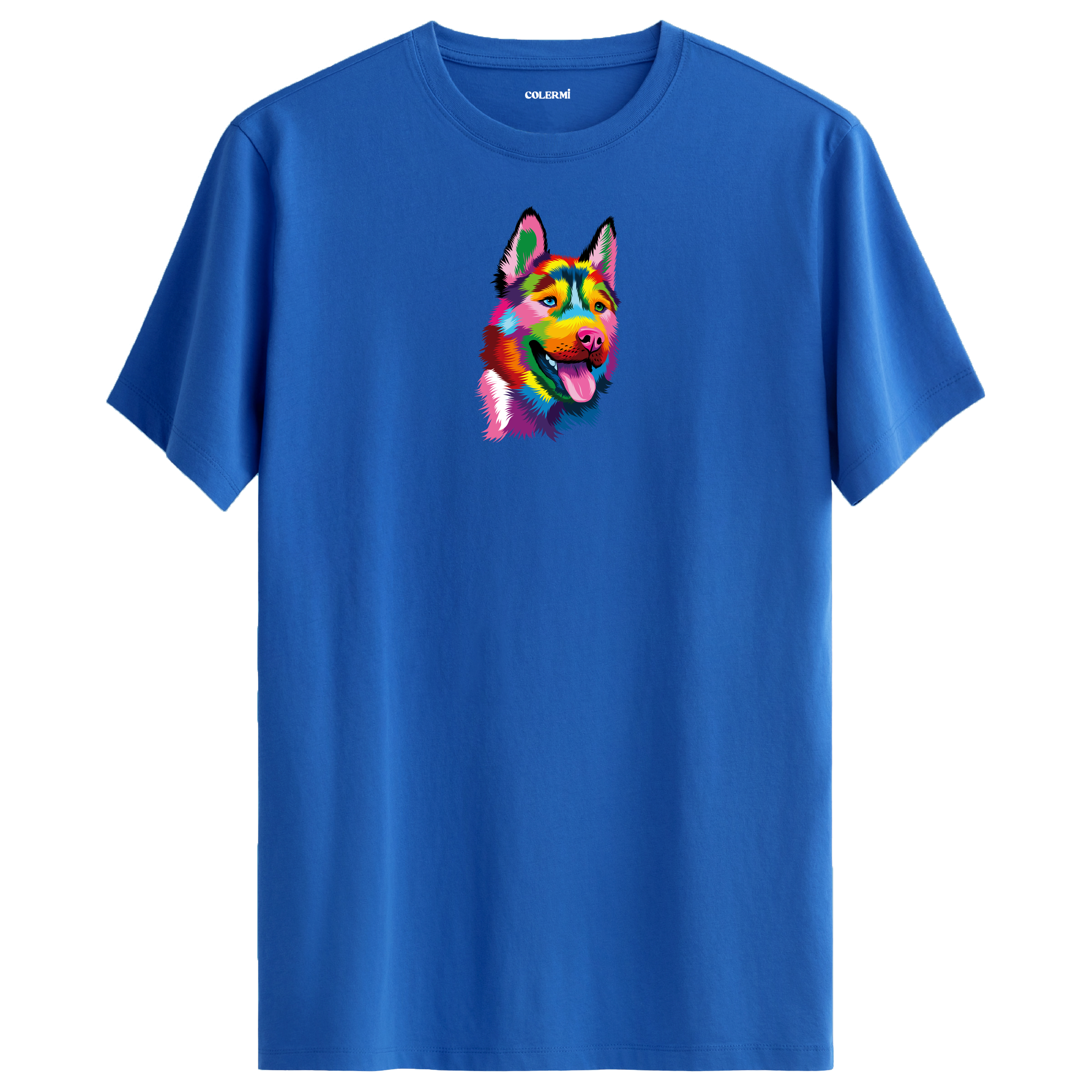 Köpek Baskılı T-Shirt - Renkli Husky Tasarımı