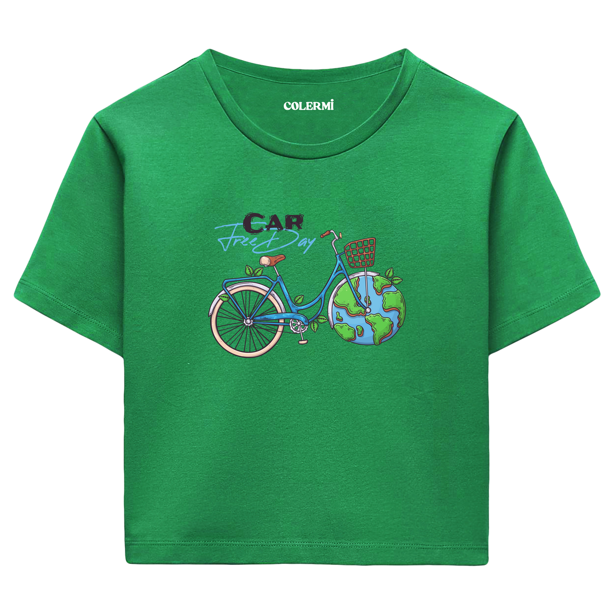 Car Free Day Bisiklet Temalı Grafik Crop T-Shirt