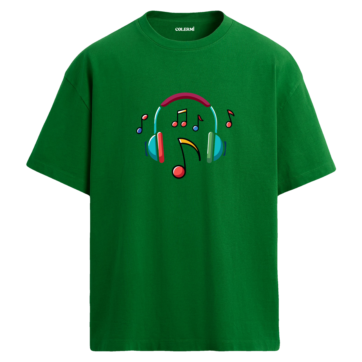 Renkli Nota Kulaklık Baskılı T-Shirt – %100 Pamuk