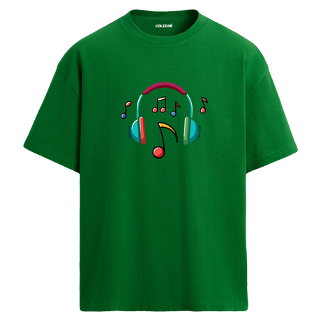 Renkli Nota Kulaklık Baskılı T-Shirt – %100 Pamuk