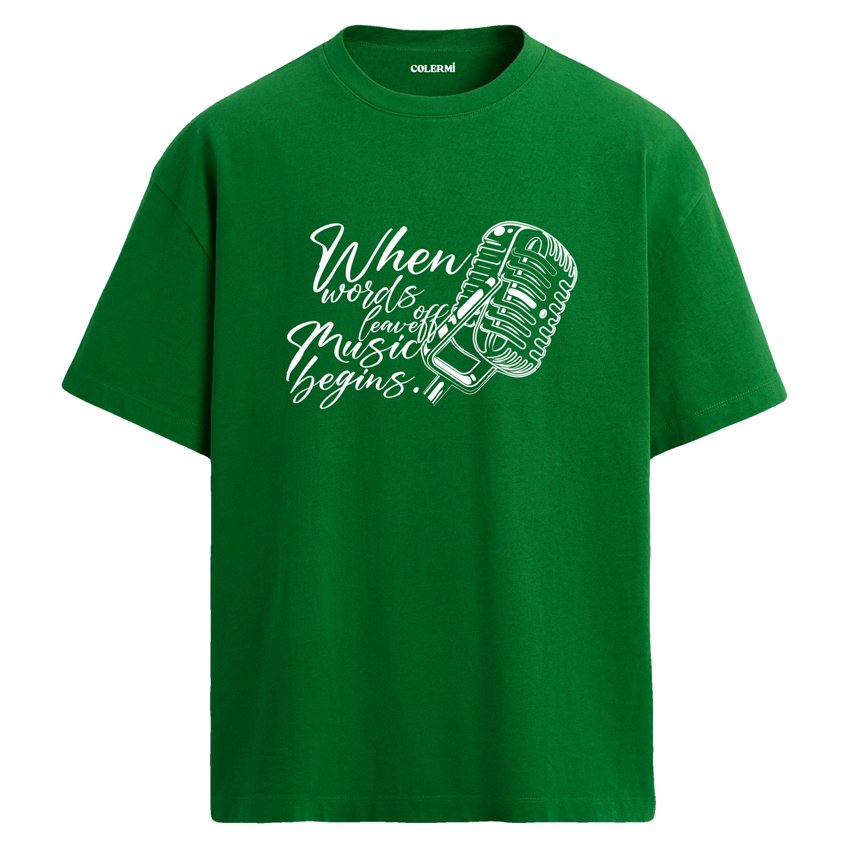 Music Begins Mikrofon Yazılı Tişört – %100 Pamuk – T-Shirt
