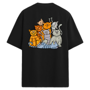 Sevimli Karikatür Kedi Çetesi Desenli Sırt Baskılı Oversize T-Shirt