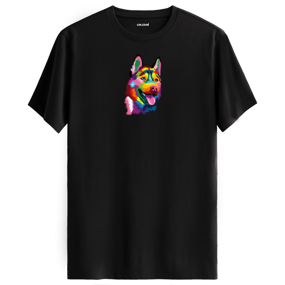 Köpek Baskılı T-Shirt - Renkli Husky Tasarımı