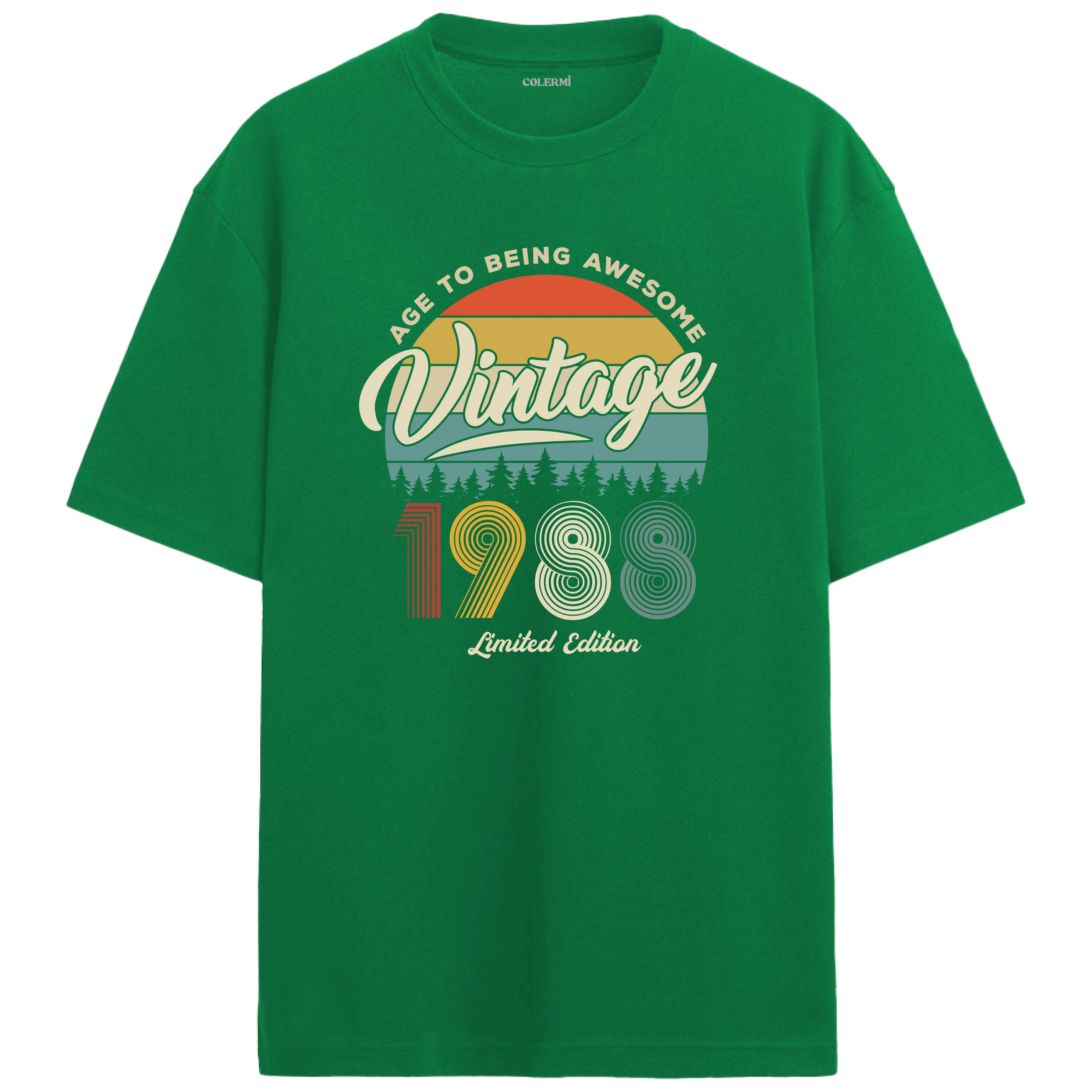 1988 Nostalgia Oversized T-Shirt - Retro Sunset Pine Tree Design