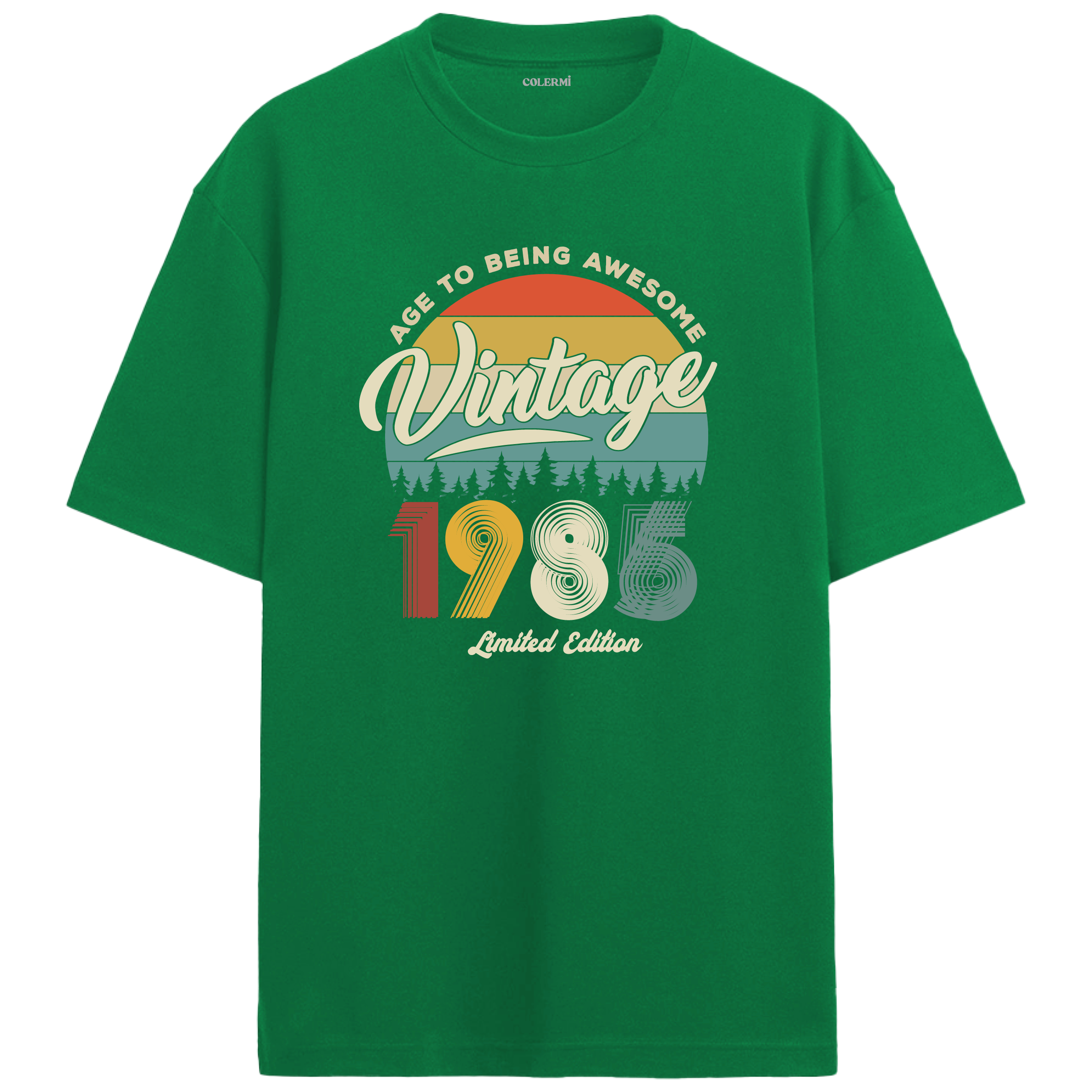 1986 Nostalgia Oversized T-Shirt - Retro Sunset Pine Tree Design