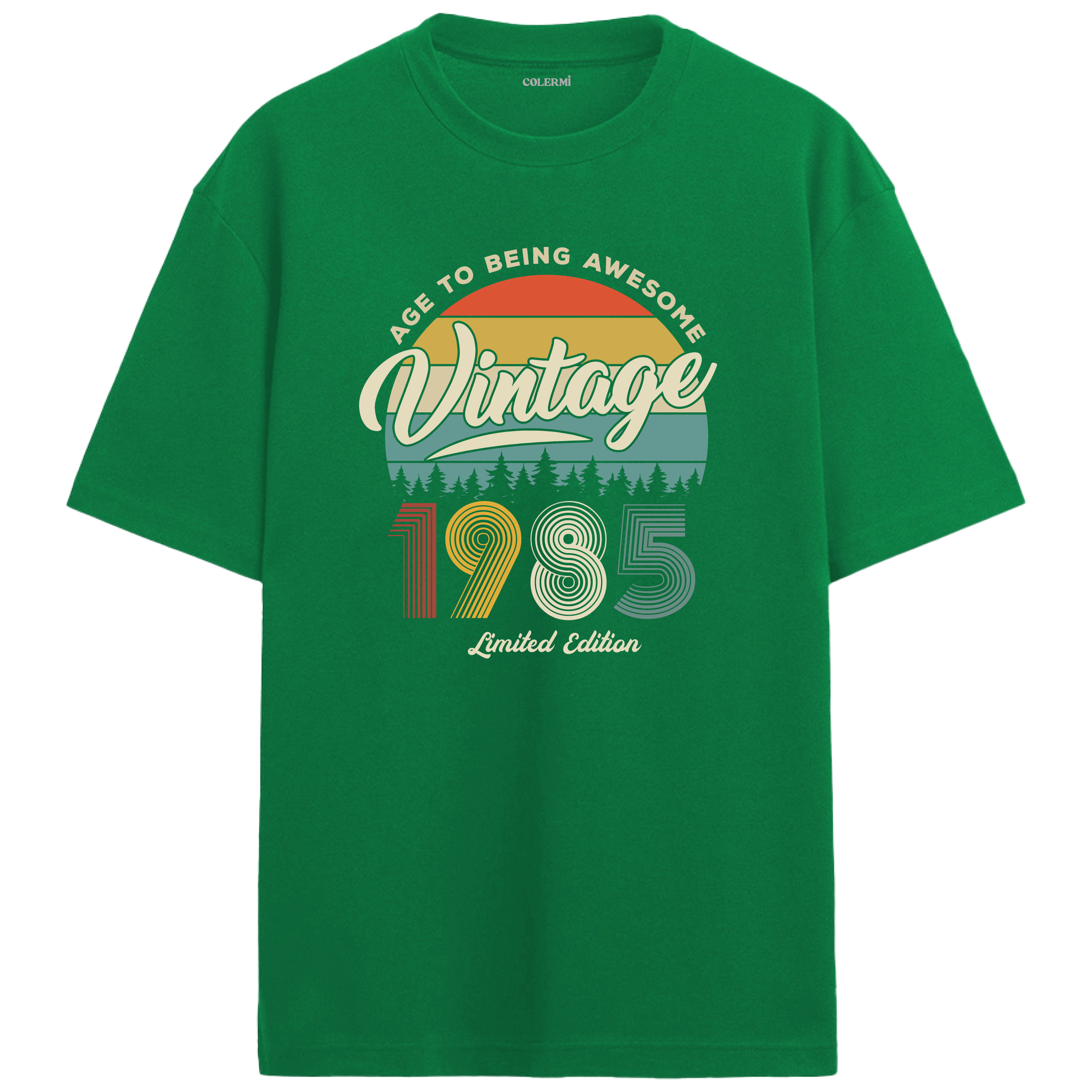 1985 Nostalgia Oversized T-Shirt - Retro Sunset Pine Tree Design