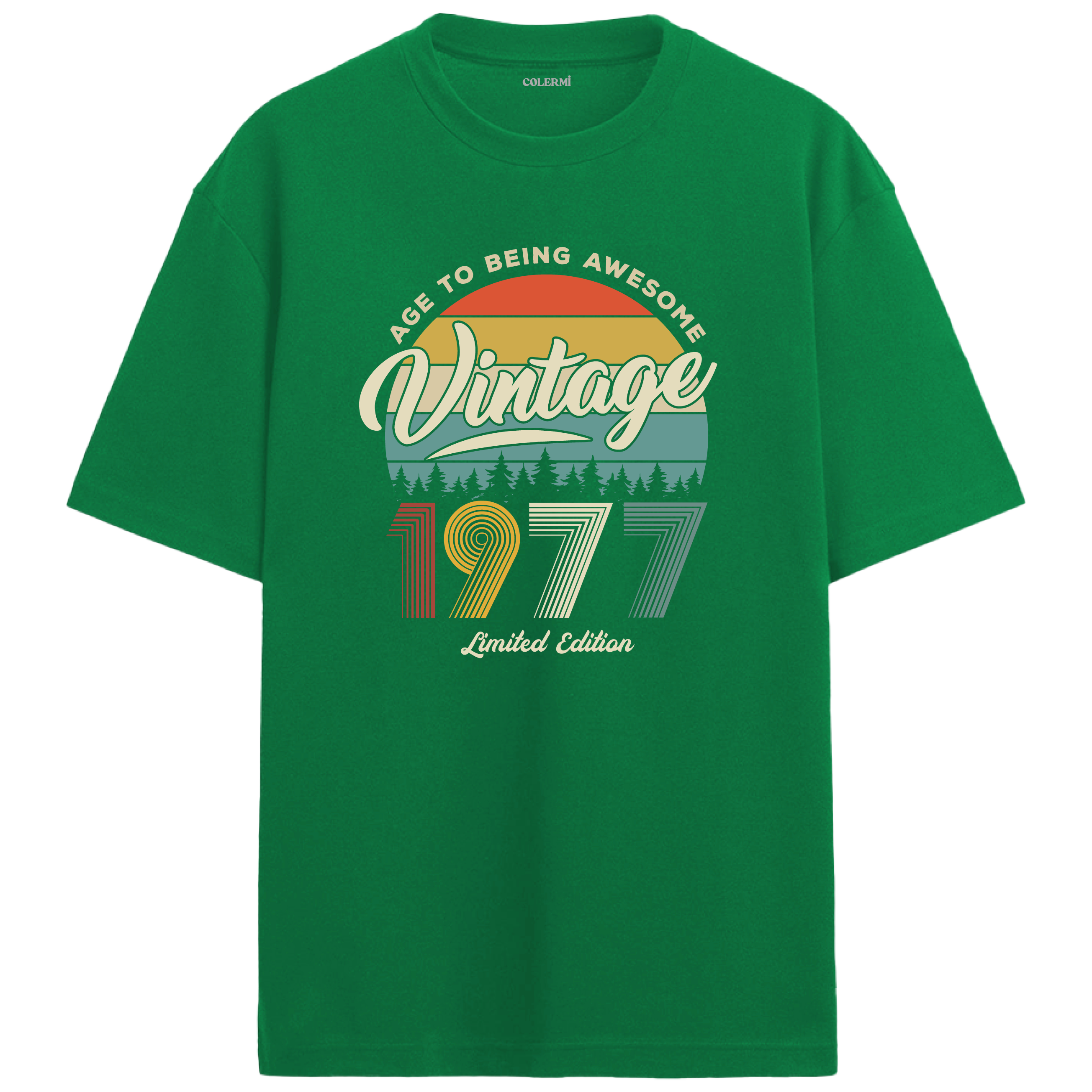 1977 Nostalgia Oversized T-Shirt - Retro Forest and Typography Design