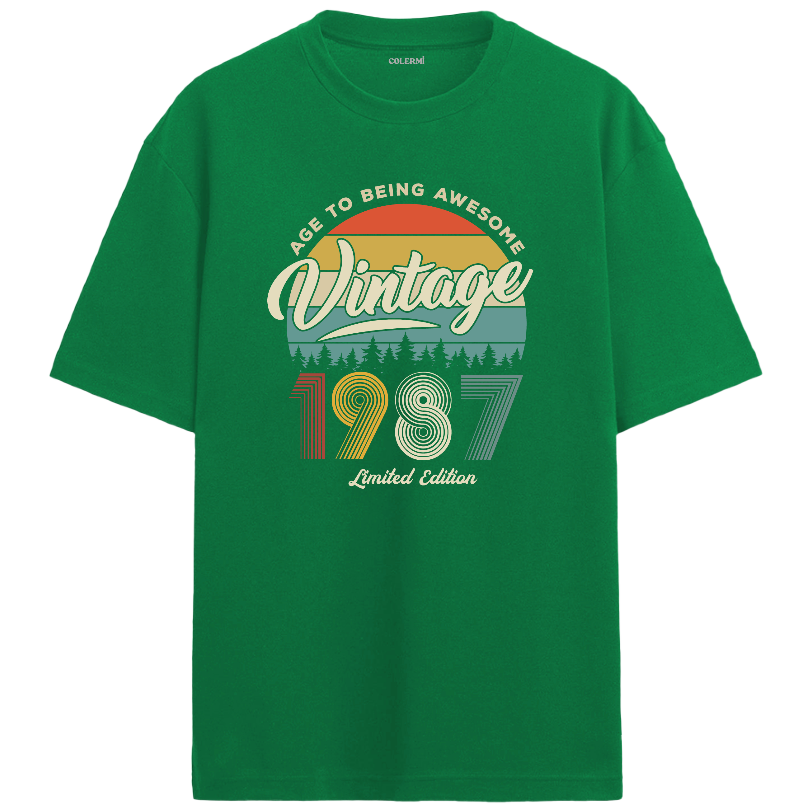 1987 Nostalgia Oversized T-Shirt - Retro Sunset Pine Tree Design