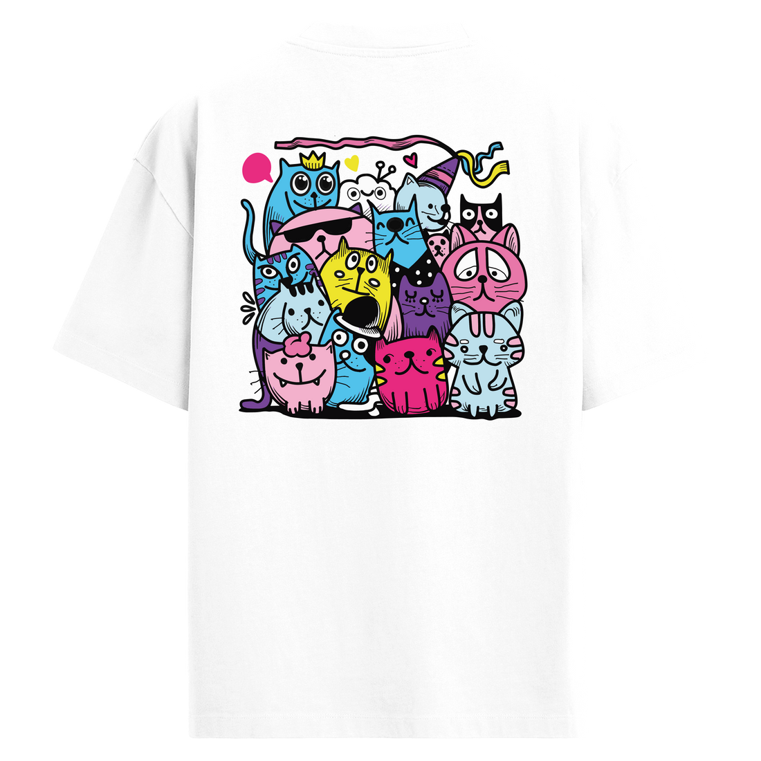 Party Cats – Renkli Karakterli Kedi Baskılı Oversize Tişört