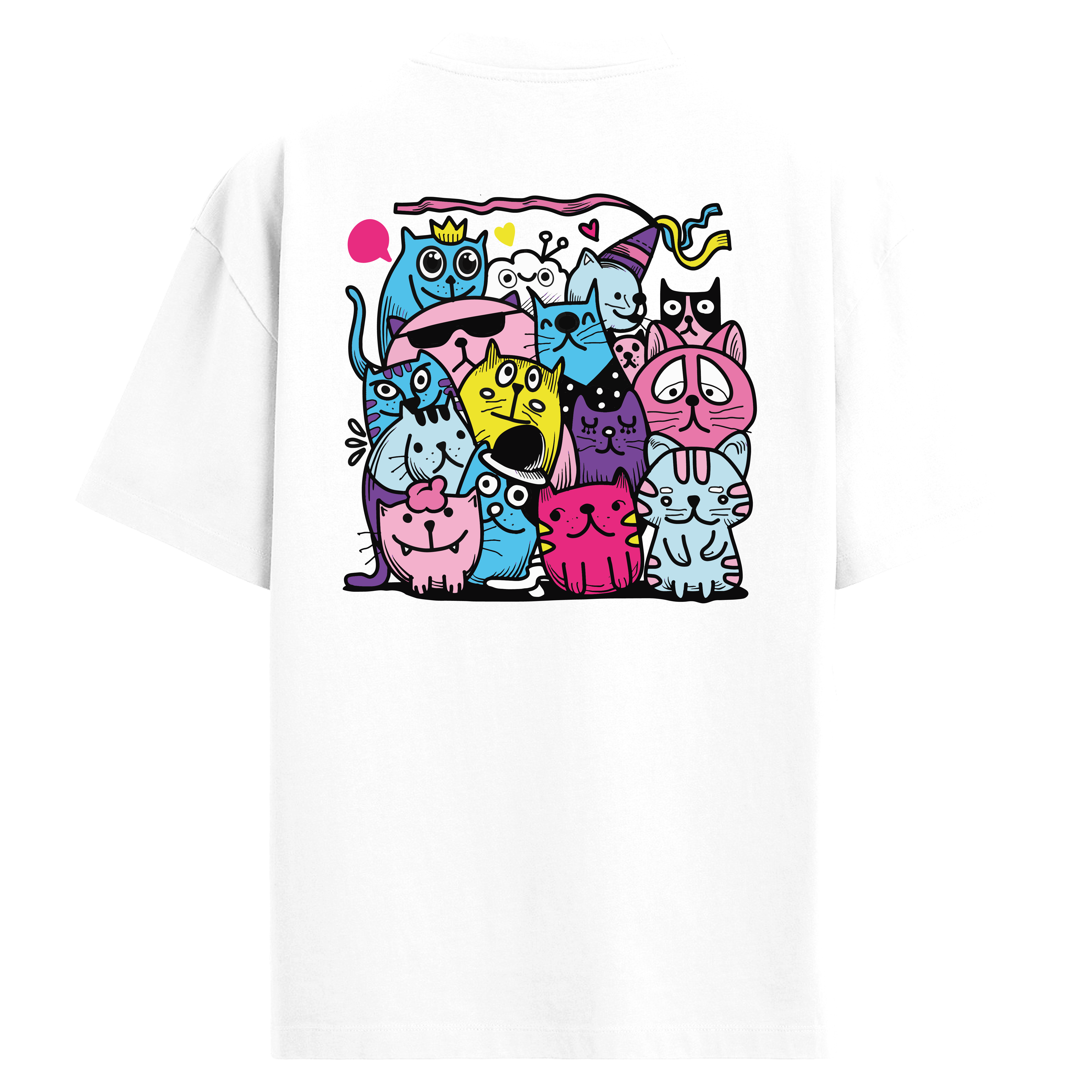 Party Cats – Renkli Karakterli Kedi Baskılı Oversize Tişört