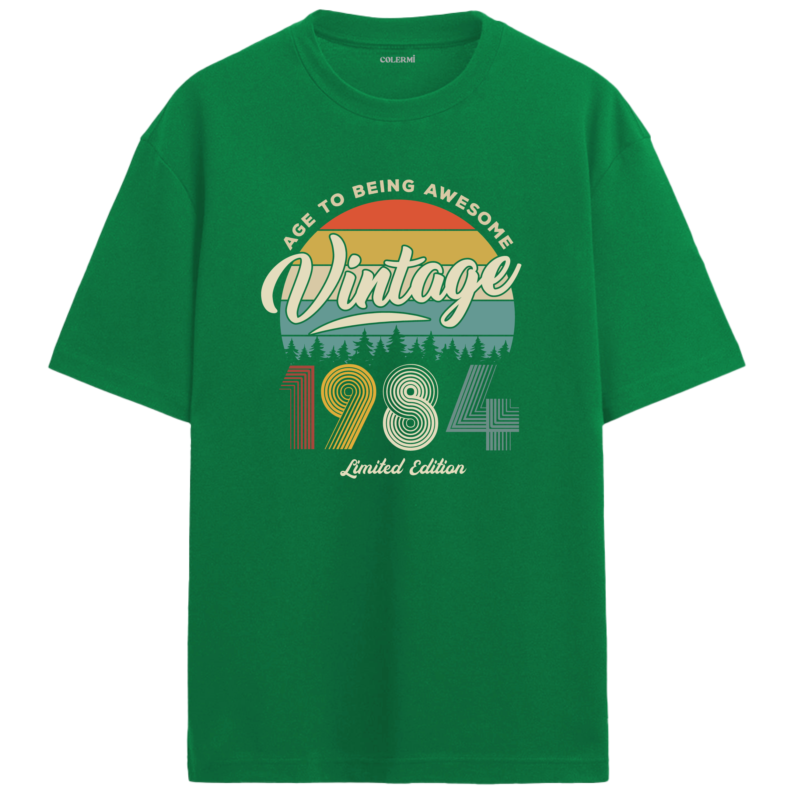 1984 Nostalgia Oversized T-Shirt - Retro Sunset Nature Silhouette Design