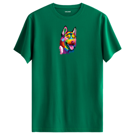 Köpek Baskılı T-Shirt - Renkli Husky Tasarımı