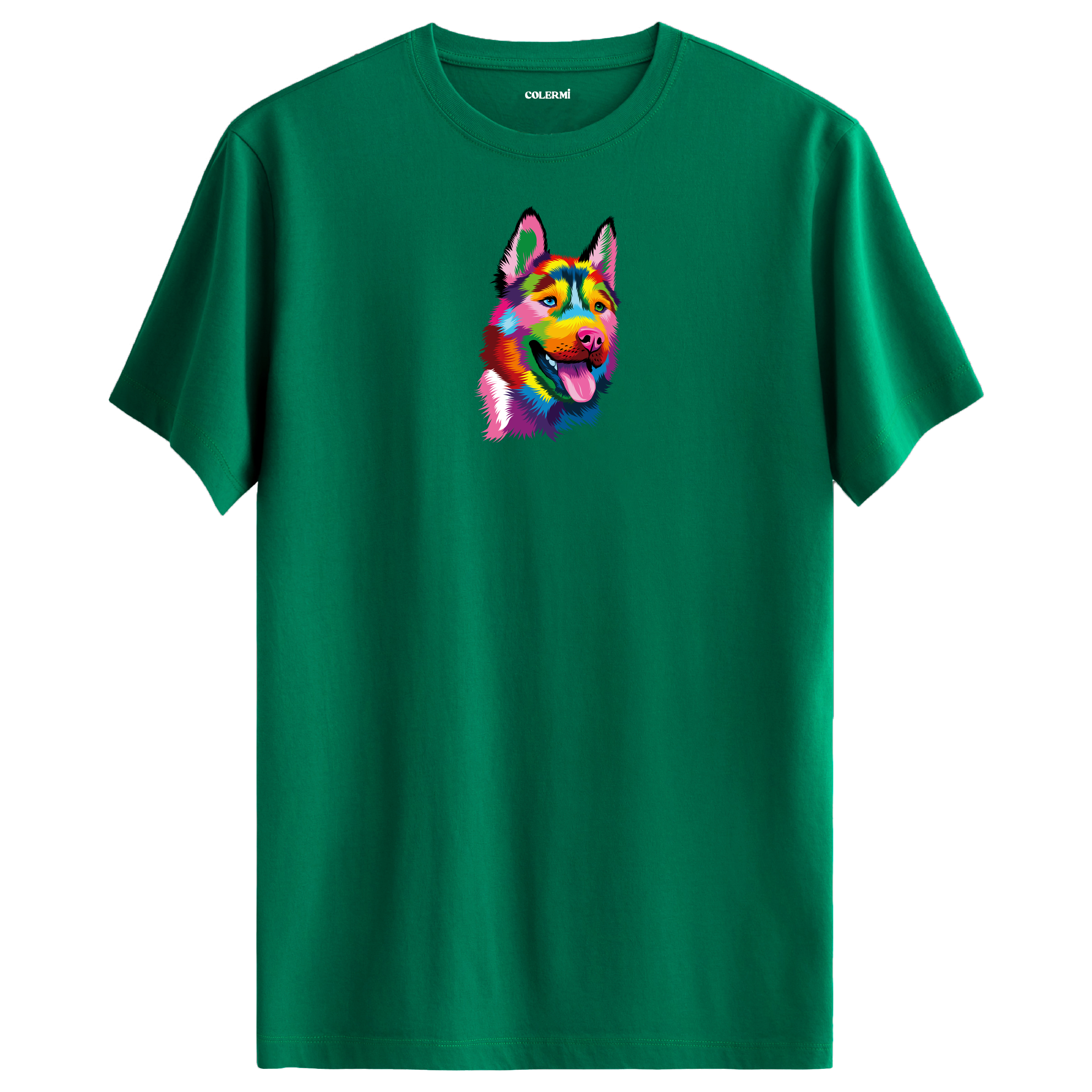 Köpek Baskılı T-Shirt - Renkli Husky Tasarımı