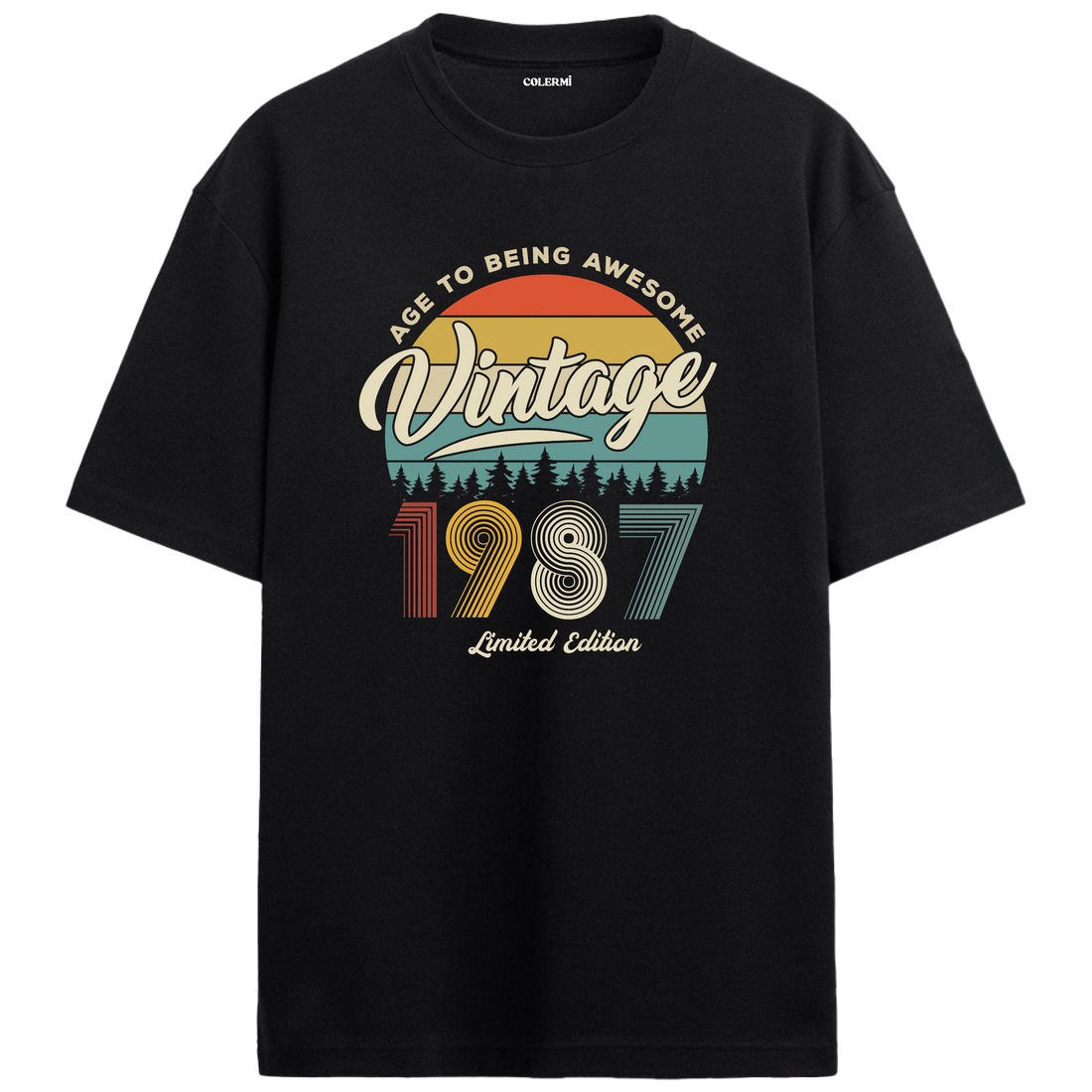 1987 Nostalgia Oversized T-Shirt - Retro Sunset Pine Tree Design