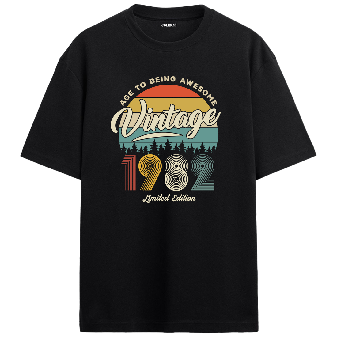1982 Nostalgia Oversized T-Shirt - Retro Typography & Forest Silhouette Design