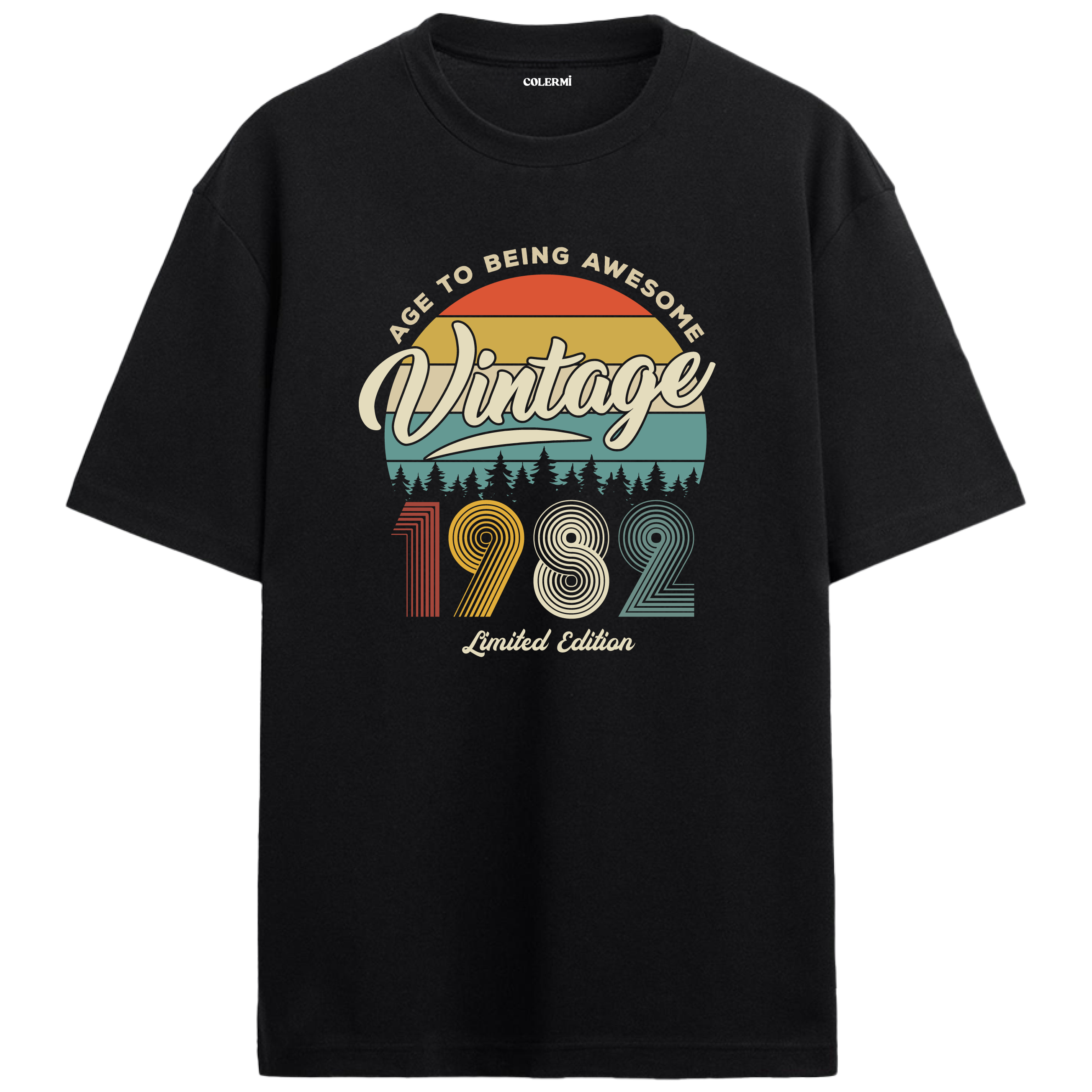 1982 Nostalgia Oversized T-Shirt - Retro Typography & Forest Silhouette Design
