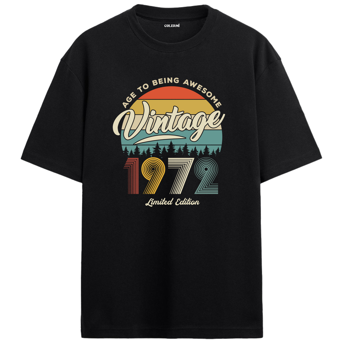 1972 Nostalgia Oversized T-Shirt - Retro Sunset & Forest Silhouettes