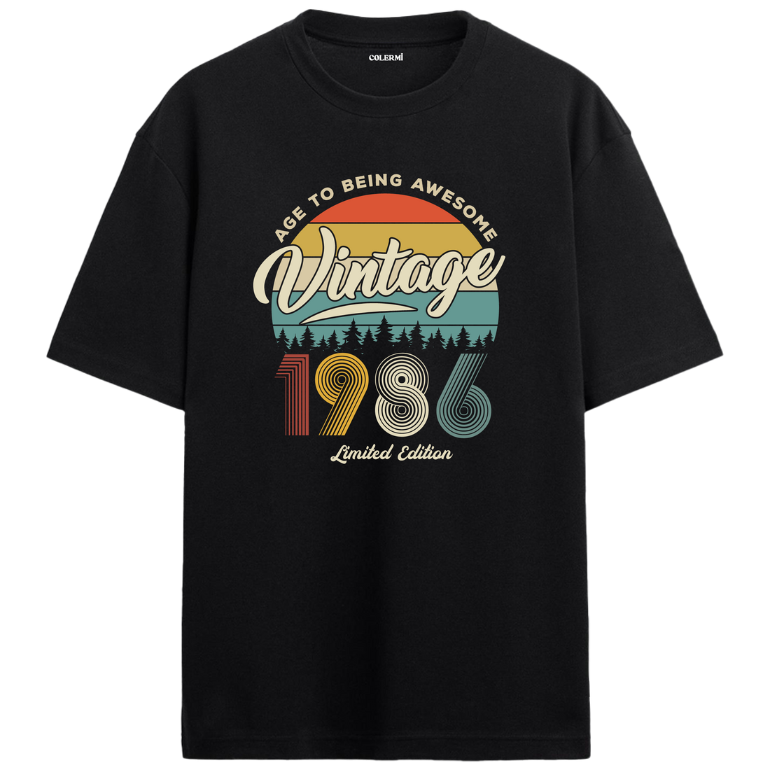 1986 Nostalgia Oversized T-Shirt - Retro Sunset Pine Tree Design