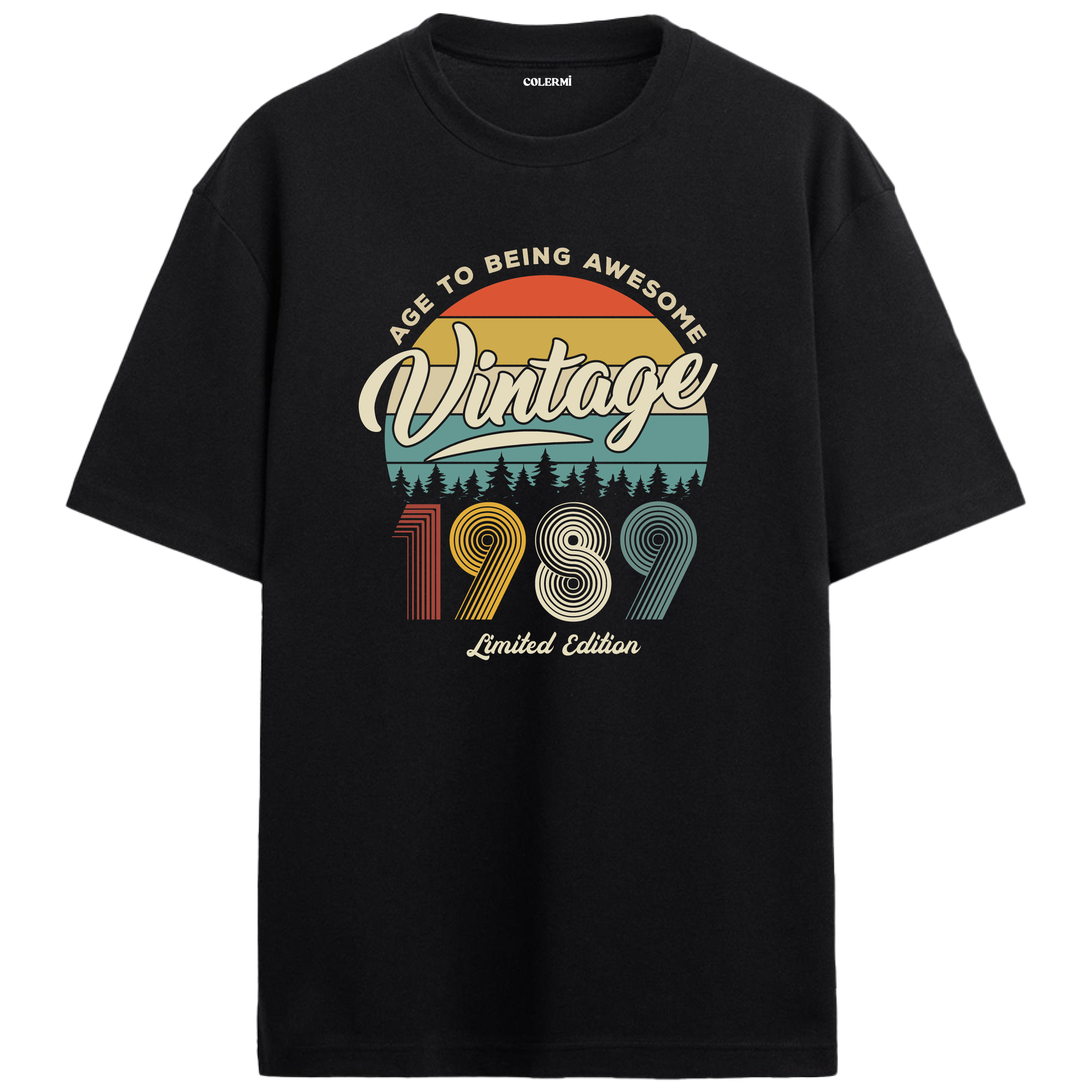 1989 Nostalgia Oversized T-Shirt - Retro Sunset Forest Design
